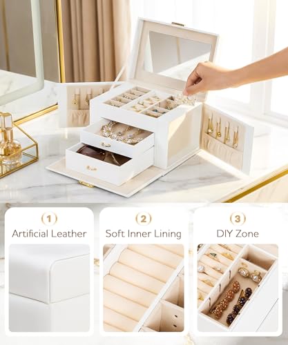 Homde Lockable Jewelry Box for Girl: 3-Layer Safe Organizer with Key - color: White