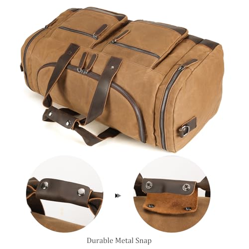 Polare 23” Waxed Canvas Cowhide Leather Waterproof Travel Duffel Bag Trim Luggage Weekender Overnight Carry on Hand Bag - color: Brown-23"