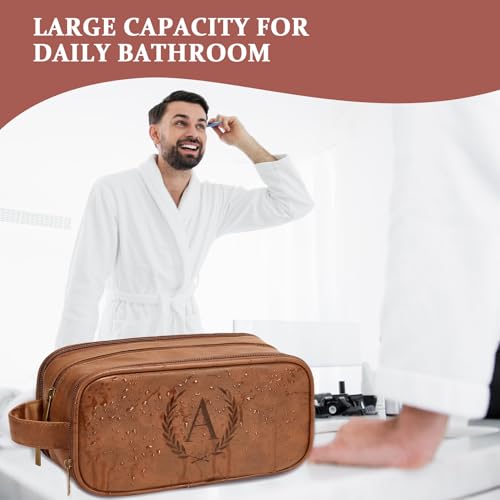 Travel Toiletry Bag For Mens PU Leather Engraved Initials (Yellow Brown E) - color: Yellow Brown, style: E