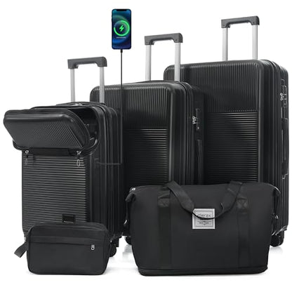 Merax 5 Piece Luggage Set,Half Opening Hardside Suitcase Set.Black | Carry on suitcase,lightweight expandable luggage set with double spinner wheels and TSA lock for convenient travel.20/24/28 - color: Black-1, size: 5 Piece(20/24/28/DB/TB)