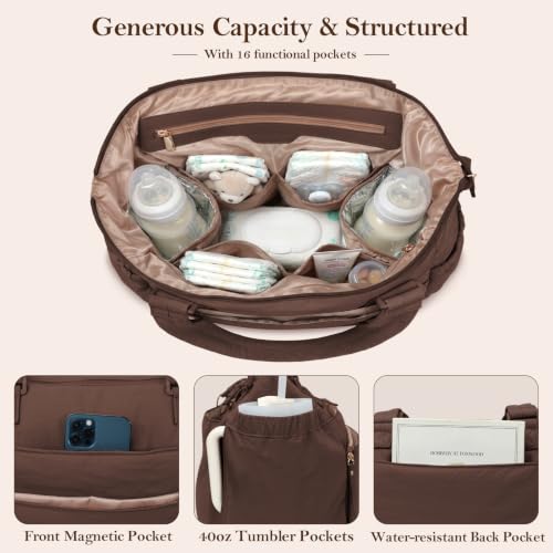 MOMINSIDE Diaper Bag Tote with Changing Station Convertible Diaper Bag Backpack Tote pañaleras para bebe Large Baby Bag, Hospital Bag Mommy Bag Travel Diaper Bag for Mom, 16 Pockets, Dark Brown - color: Dark Brown