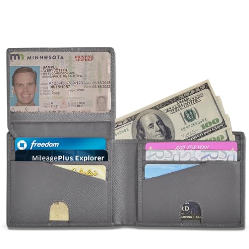 BULLGUARD Mens RFID Blocking Wallet Bifold with Flip Up ID in Saffiano Grey Genuine Leather - color: Wild Mountain Grey