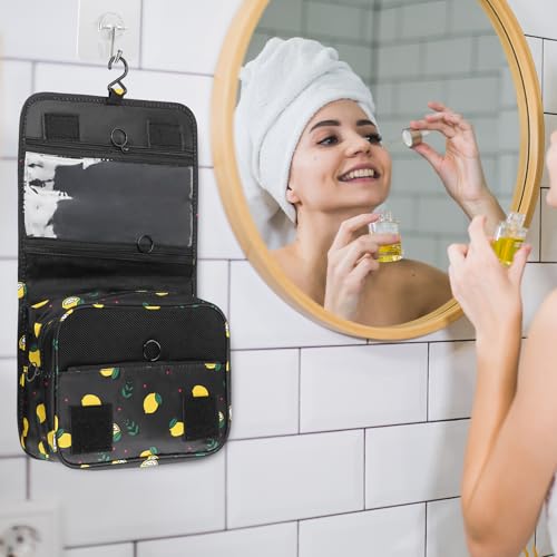 Hanging Toiletry Bag Travel Waterproof Makeup Organizer for Women Men - color: Black Lemon