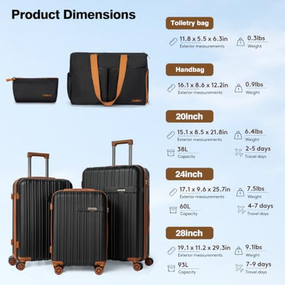 Luggage Sets 5 Pcs, Hardshell Lightweight Durable Suitcase With TSA-Lock - color: Black
