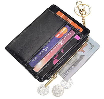 woogwin Slim RFID Credit Card Holder for Women Mini Front Pocket Wallet Purse With Keychain - color: Oil Black