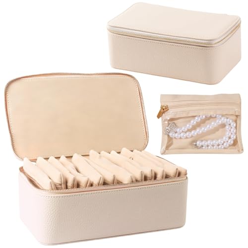 shunmei Travel Jewelry Box with 12 Velvet Jewelry Zipper Pockets, Beige - color: Beige - 12 Pouch