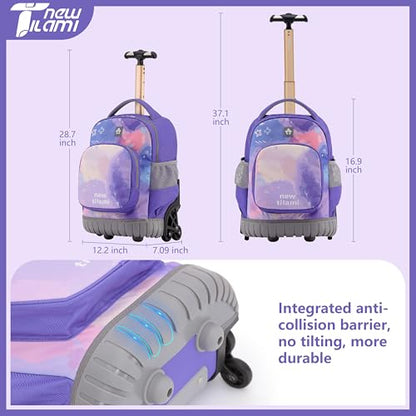NEW TILAMI 16 Inch Rolling Backpack with Lunch Bag for Girls Boys School - color: Purple Watercolor