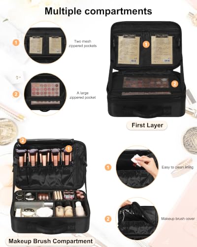 Relavel Makeup Bag Travel Train Case Cosmetic Organizer with Divider, Black - color: Black, size: Medium