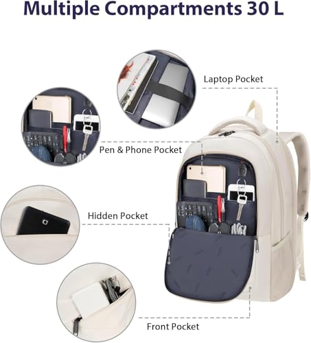 MATEIN Beige Laptop Backpack for Women, Large Capacity TSA Travel Backpack - color: Beige, size: 17 Inch