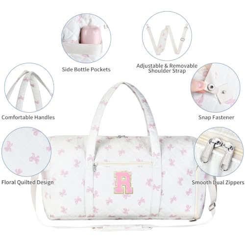Personalized Quilted Duffle Bag for Travel Gym Weekender Hospital Carry On - color: Pink Bow, size: R