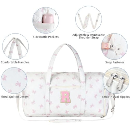 Personalized Quilted Duffle Bag for Travel Gym Weekender Hospital Carry On - color: Pink Bow, size: R