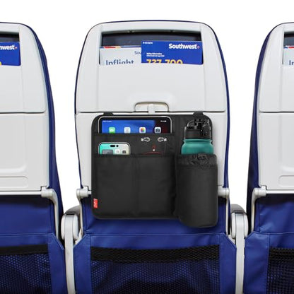 Airplane Seat Back Organizer & Storage, Airplane Tray Table Cover for Personal Items, Airline Seat Hanging Pockets Media Pouch,Reusable Travel Essentials, Fits Tablets, Cell Phone,Water Bottle (Black) - color: Black