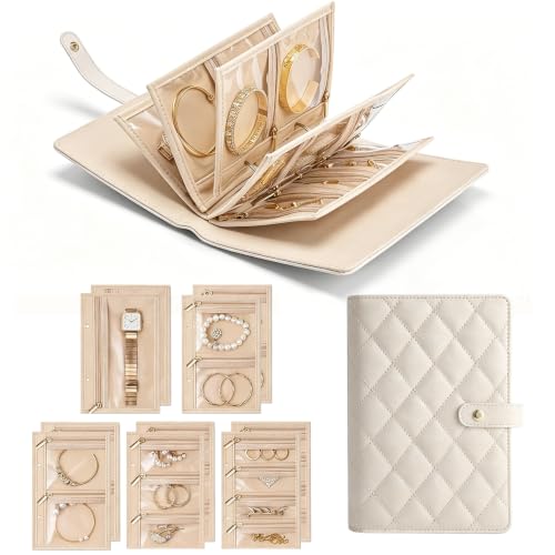 Travel Jewelry Organizer Book, PU Leather, 10 Interchangeable Pages, Rings, Necklaces, Earrings, Bracelets, Compact Portable Case, Off-White