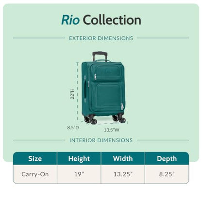 U.S. Traveler Rio Lightweight Softside Rolling Carry-on Suitcase, 4-Wheel Single, Teal - color: Teal, size: 22"