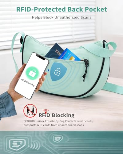 ECOHUB Anti Theft Crossbody Bag for Women & Men, Lightweight Nylon Crescent Shoulder Bag with RFID Pocket, Adjustable Strap - color: Mint Green