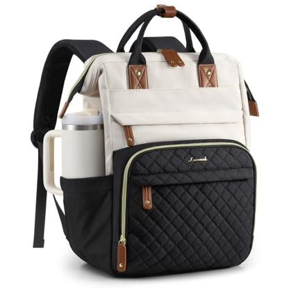 LOVEVOOK Laptop Backpack Women Quilted Teacher Nurse Work Backpack Purse - color: Cream Black, size: 15.6 inch-Cup