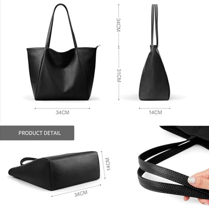 KALIDI Large Tote Bag Vegan Leather 16L Casual Zipper Work Weekender - color: Black