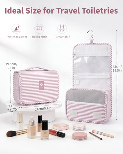 Narwey Small Hanging Travel Toiletry Bag for Women, Cosmetic Makeup Bag - color: Y-Dusty Pink Stripe