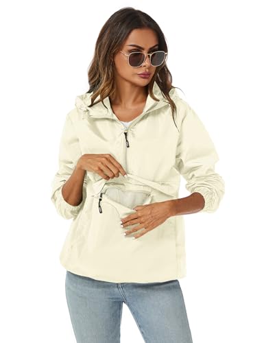 Avoogue Womens Rain Jacket with Hood,Pullover,Packable,Lightweight,Windbreaker,Waterproof,Breathable. - color: Beige, size: Medium