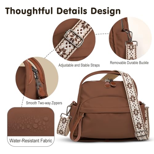 Nylon Top Handle Crossbody Bags for Women with 2 Adjustable Straps - color: Coffee
