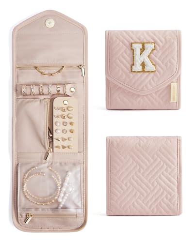 BAGSMART Travel Jewelry Organizer Case K Initial Jewelry Roll,Soft Pink - color: Pink-K, size: Small