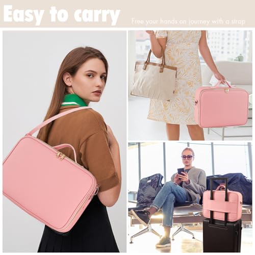 15''X11'' Large Makeup Bag with Removable Lighted Mirror, PU Leather - color: Pink-Removable Mirror