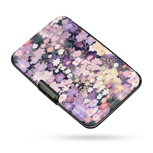 Credit Card Holder RFID Aluminum card case Floral 2 mini Wallet Women Men - color: Purple Floral