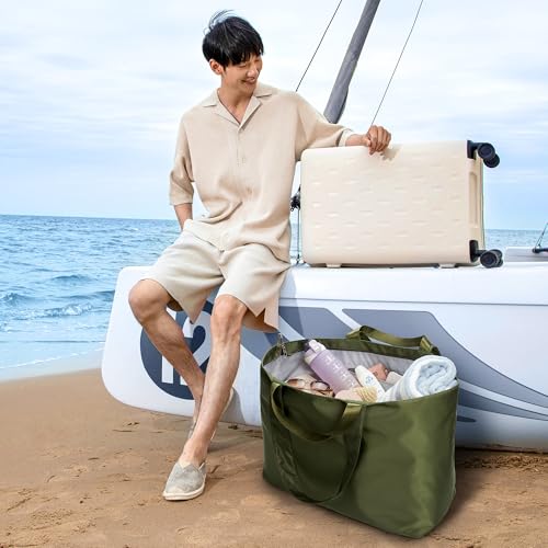 KALIDI 60L Extra Large Beach Tote Oversized Bag Zipper Utility Weekender - color: Olive Green
