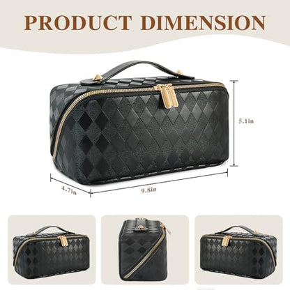Travel Makeup Bag Large Capacity Cosmetic Bags for Women, Waterproof Toiletry Bag Open Flat Makeup Bag with Compartments and Handle, Portable Cosmetic Organizer Pouch, Diamond Black - color: Diamond Black