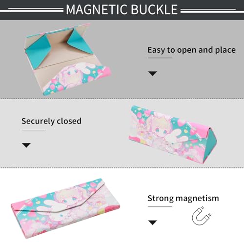 Foldable Glasses Case, Magnetic PU Leahter Sunglasses Case, Cute Hard Shell Folding Eyeglass Cases for Women Kids - color: Pink Bunny Girl