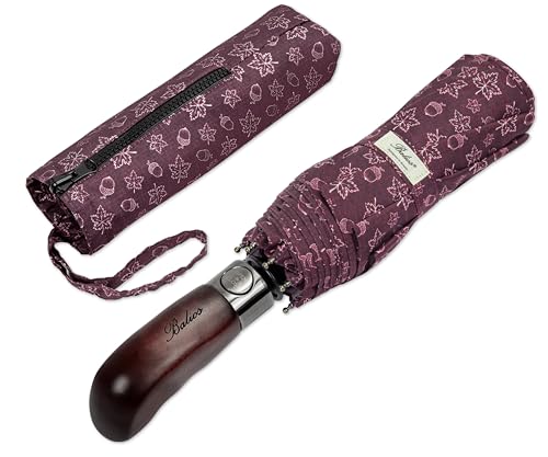 Balios Folding Umbrella Real Wood Handle Auto Open Close - color: Maple Leaves Red Plum