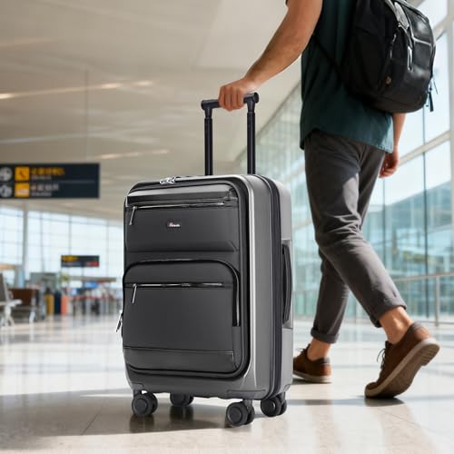 Luggage Sets 2 Piece, Carry On Luggage with Front Pocket & USB Port, Expandable Checked Luggage, Hybrid Soft Front, Hard Shell Suitcases with Spinner Wheels & TSA Lock (20/28 Inch, Grey) - color: Grey