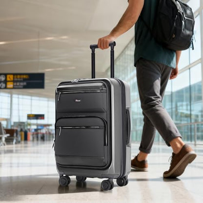 Luggage Sets 2 Piece, Carry On Luggage with Front Pocket & USB Port, Expandable Checked Luggage, Hybrid Soft Front, Hard Shell Suitcases with Spinner Wheels & TSA Lock (20/28 Inch, Grey) - color: Grey
