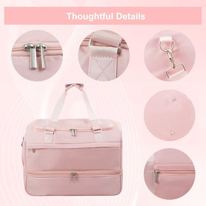 Travel Duffle Bag for Women, Carry-On Weekender with Shoe Compartment - color: Pink
