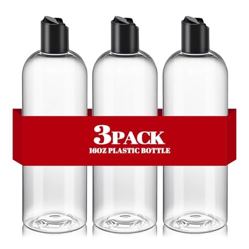 3Pcs 16 oz Clear Plastic Refillable Travel Bottles with Black Disc Top Caps - size: 3 Packs