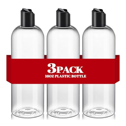 3Pcs 16 oz Clear Plastic Refillable Travel Bottles with Black Disc Top Caps - size: 3 Packs