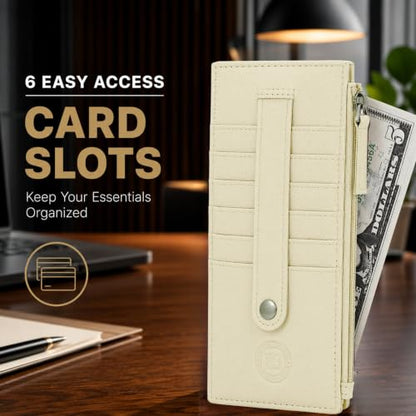 Leatherboss Genuine Leather Women's All in One Credit Business Card Case Holder Slim Zipper Wallet With a Card Protection Strap, Cream - color: Cream
