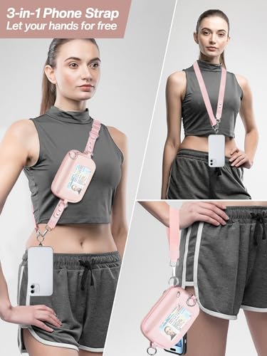 Tiostep Clip and Go Strap for Phone with Wallet Crossbody Phone Lanyard Adjustable and Detachable RFID Wristlet Wallet (Pink, Medium) - color: Pink, size: Medium