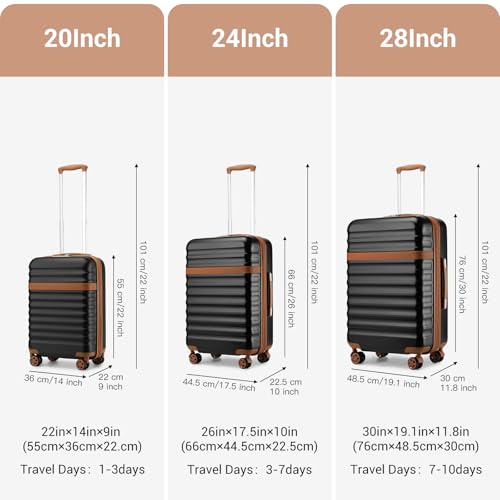 Kono 3-Piece Luggage Set 20/24/28in Expandable Hardside TSA Lock Black - color: Black/Brown, size: 3-piece set (20/24/28)