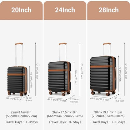 Kono 3-Piece Luggage Set 20/24/28in Expandable Hardside TSA Lock Black - color: Black/Brown, size: 3-piece set (20/24/28)