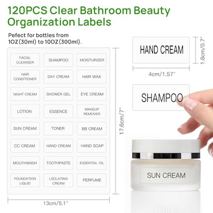 HVSWLY 120 PCS Travel Toiletry Labels Waterproof,Clear Labels for Cosmetic Jars,Bathroom Beauty Organization Refillable Bottles Sticker(1.6"x0.7")