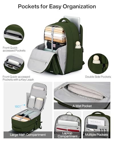 MILADA Travel Backpack, Expandable Carry On Backpack 28L-39L, Green - color: Green