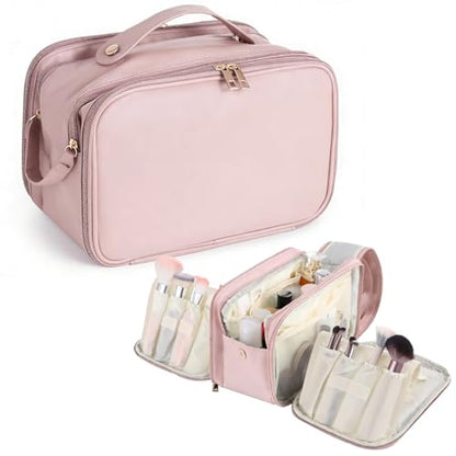 Travel Makeup Bag for Women, Large Capacity Cosmetic Organizer, Multi-Layer Toiletry Bag with Handle, Waterproof PU Leather Portable Makeup Zippered Case with Standing Brush Holder