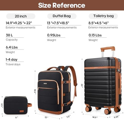 UKEIN Luggage Sets 3Piece, Carry On Luggage 20in Suitcase Set With Backpack - color: Black Brown, size: 3 piece set (BP/20inch)