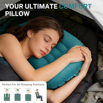 Camping Pillow-Compressible, Ultralight Inflatable,Compact, Comfortable, Ergonomic Inflating Pillows for Neck & Lumbar Support While Camp, Hiking(Grain Blue,with Anti Slip Straps) - color: Grain Blue