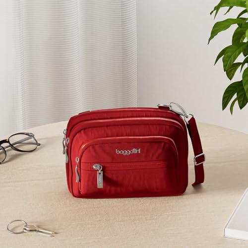Baggallini Triple Zip Small Crossbody Bag for Women - Lightweight Convertible Fanny Pack Belt Bag - color: Apple, style: Slim Strap