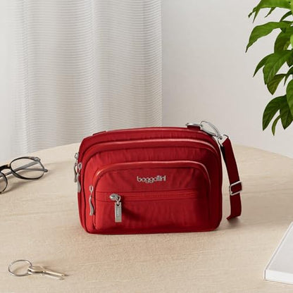 Baggallini Triple Zip Small Crossbody Bag for Women - Lightweight Convertible Fanny Pack Belt Bag - color: Apple, style: Slim Strap