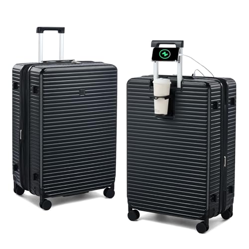 HanTrip 28 Inch Checked Luggage Hard Shell Big Suitcases with Wheels, Black - color: Black, size: Expandable 28 Inch