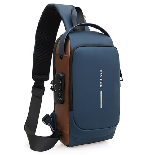 Travel Sling Bag Waterproof Crossbody Bag with Combination Lock Anti-Theft PU Leather Chest Bag - color: Blue