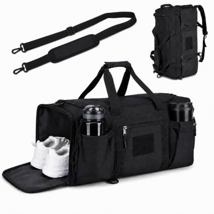 Sports Duffel Bag with Shoe Compartment, Tactical MOLLE Gym Bag for Men 45L - color: black